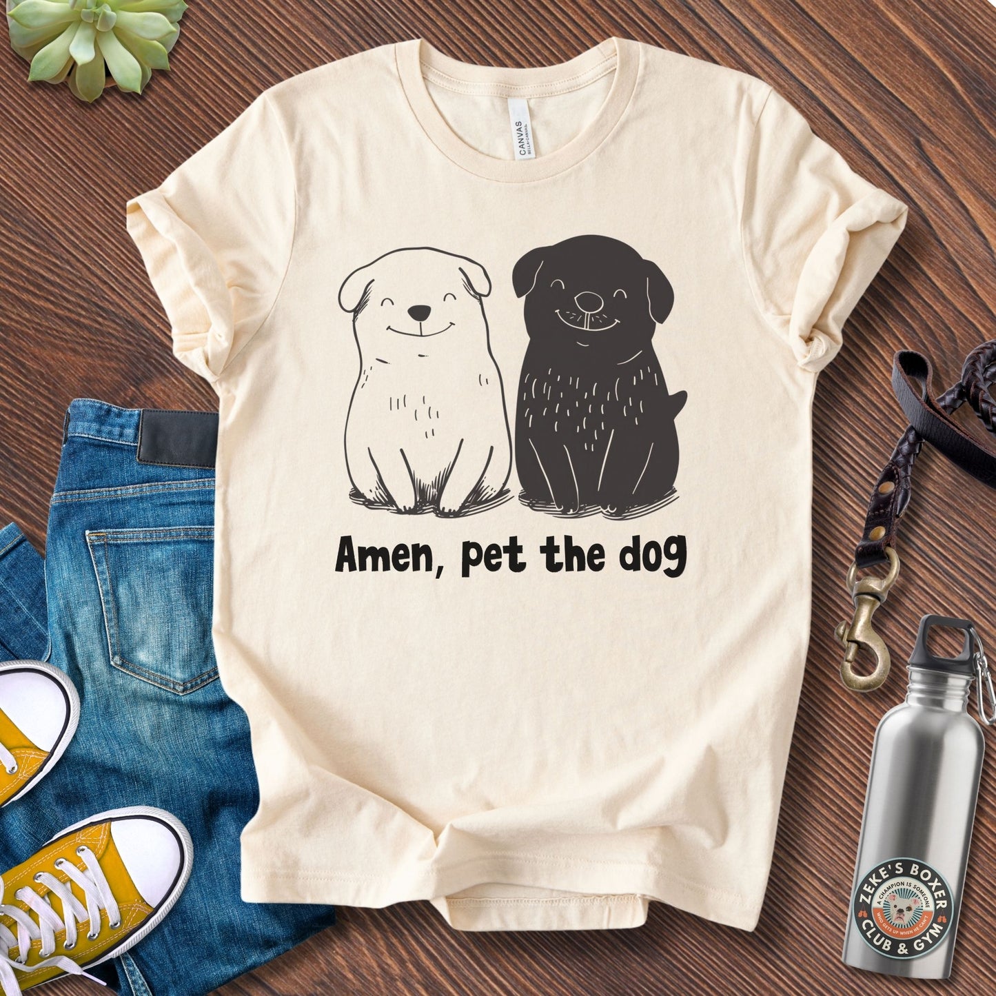 Unisex Zeke Squad t-shirt with the phrase “Amen, Pet the Dog,” a funny, heartfelt design for dog lovers and faith-with-fur believers.