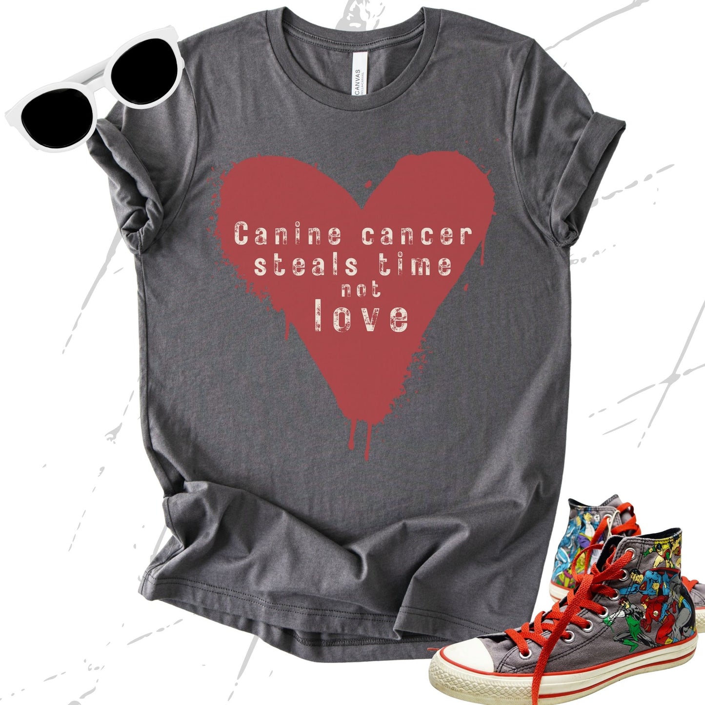 Unisex Zeke Squad T-shirt with the awareness quote “Canine Cancer steals time not love” for dog lovers and advocates.