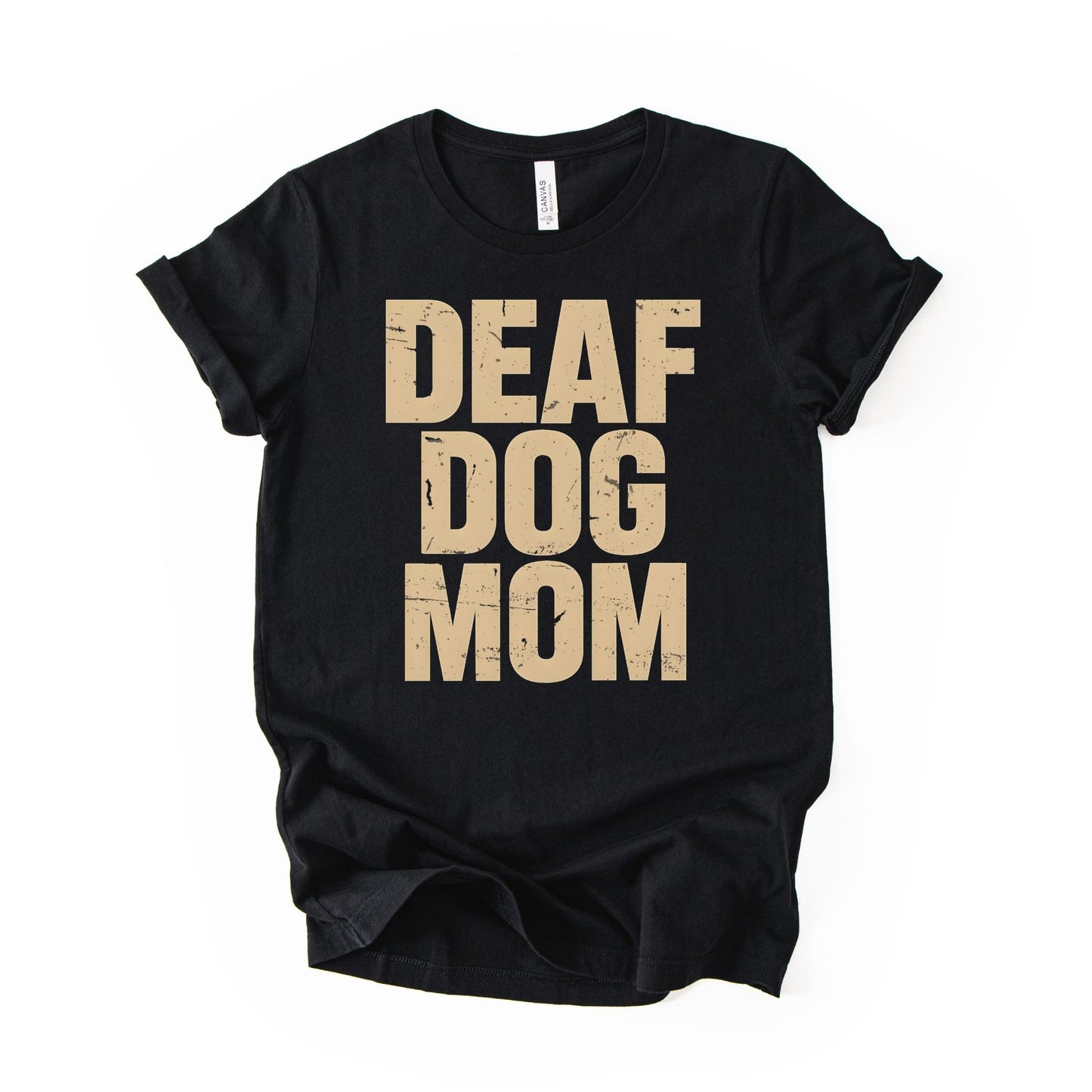 Unisex Zeke Squad T-shirt with the phrase “Deaf Dog Mom” for proud dog moms and advocates.