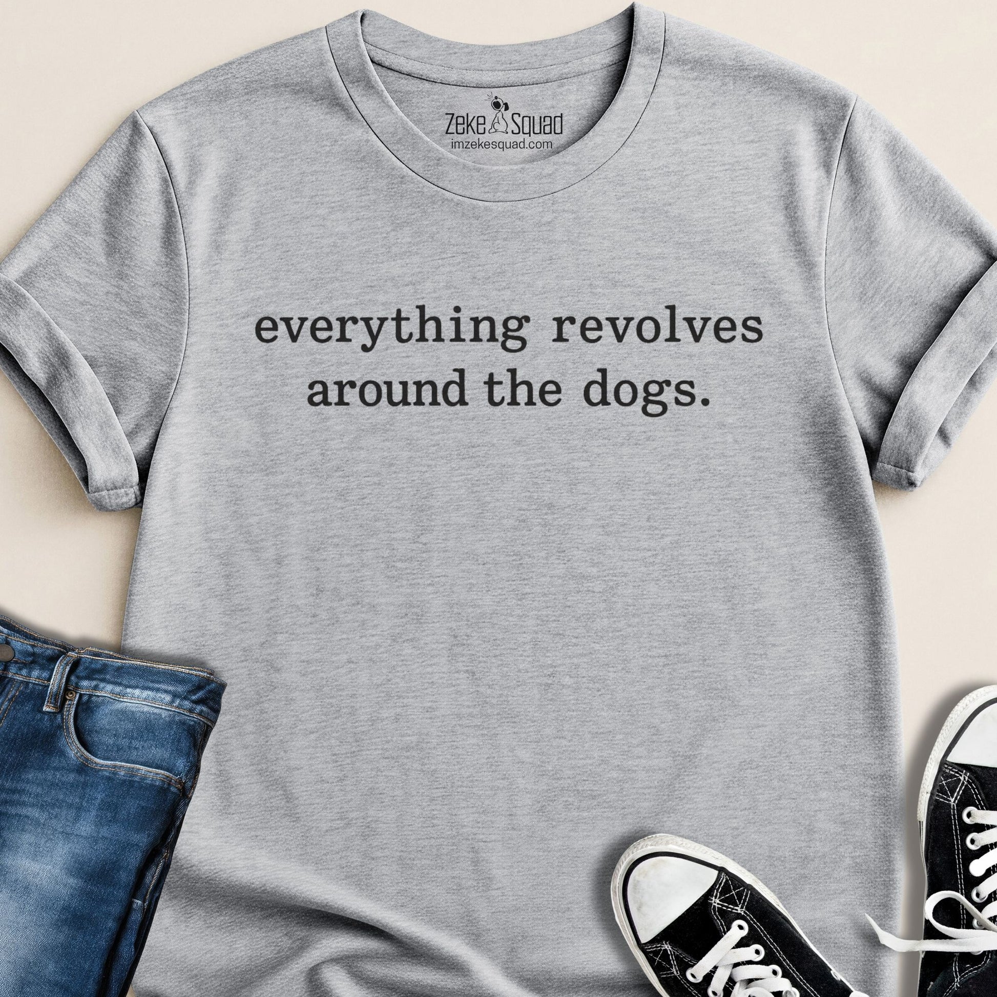 Athletic heather gray unisex graphic tee printed with the phrase everything revolves around the dog across the chest, Bella Canvas 3001