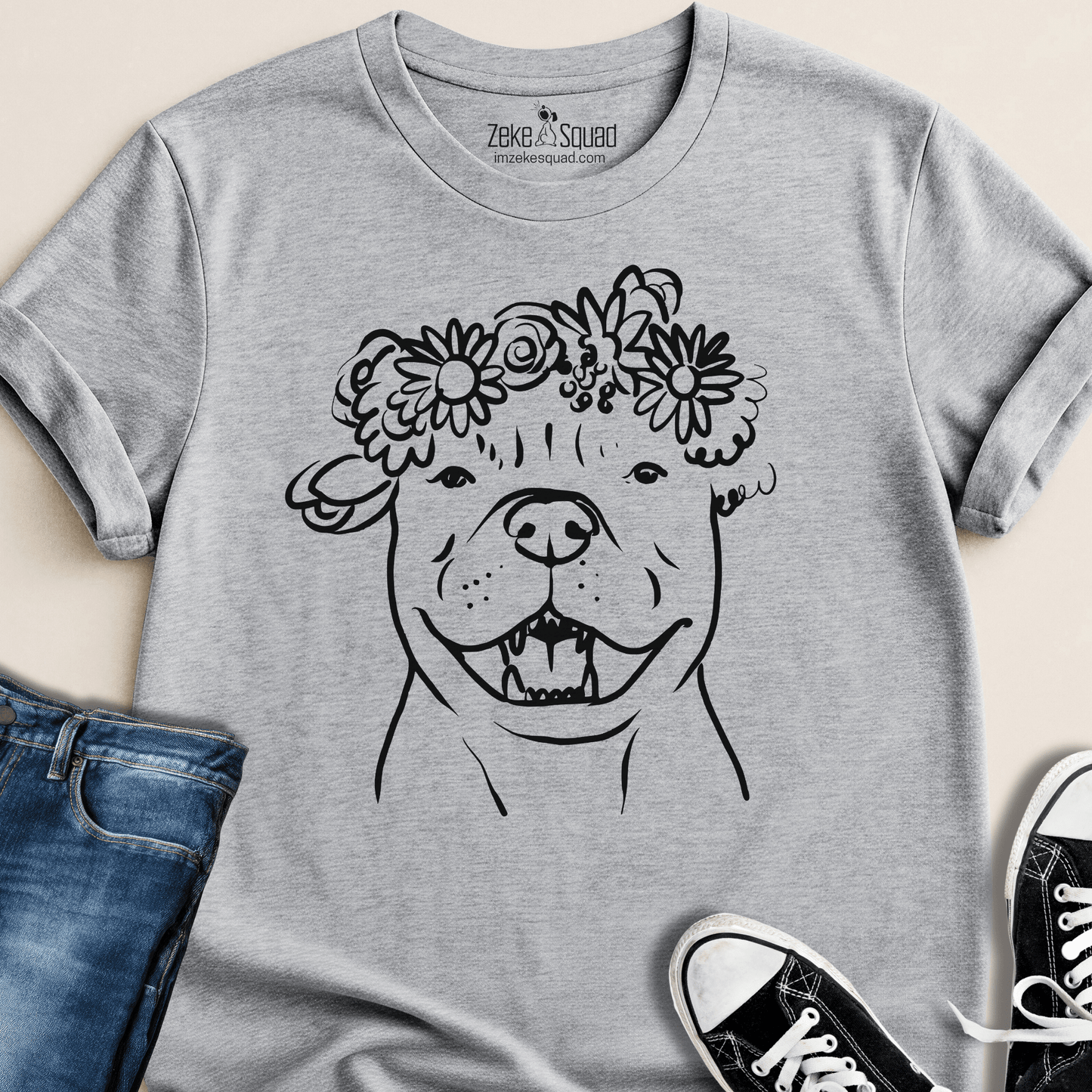 Floral Crown Pittie T-shirt - Zeke Squad