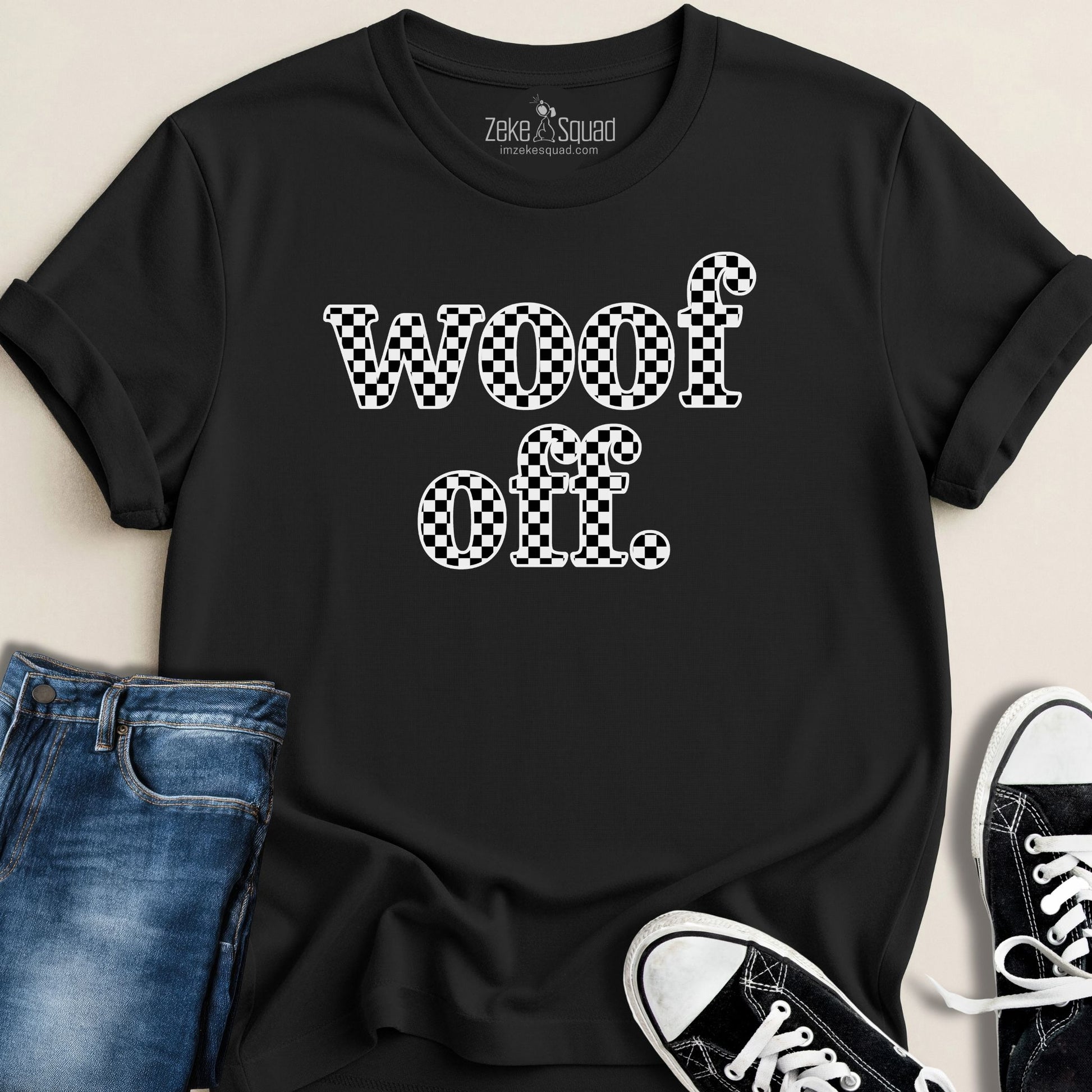 Woof Off. Retro Checkered T-shirt - Zeke Squad