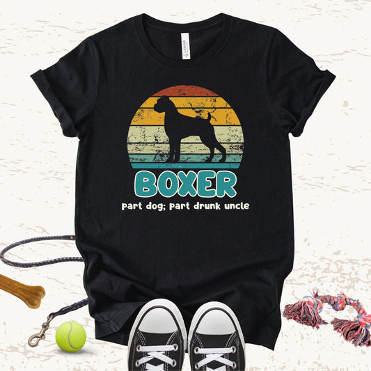Unisex Zeke Squad T-shirt with the phrase “Boxer dogs: the drunk uncles of the dog world,” celebrating their silly, goofy personalities.
