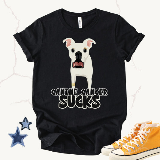 Unisex Zeke Squad T-shirt featuring Zeke with the bold message “Canine Cancer Sucks” for dog lovers and awareness.
