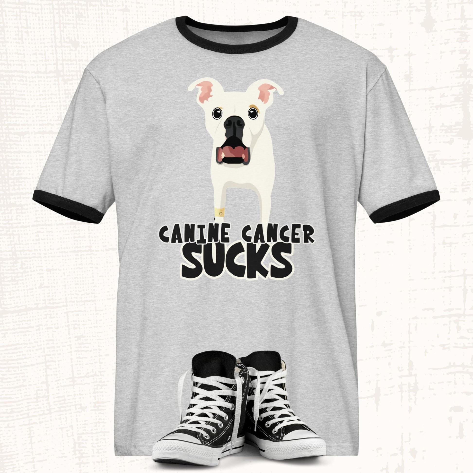 Unisex Zeke Squad T-shirt featuring Zeke with the bold message “Canine Cancer Sucks” for dog lovers and awareness.
