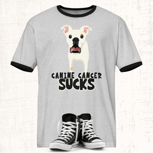 Unisex Zeke Squad T-shirt featuring Zeke with the bold message “Canine Cancer Sucks” for dog lovers and awareness.
