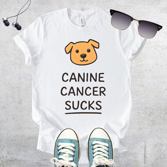 Unisex Zeke Squad T-shirt with the message “Canine Cancer Sucks” made for dog parents and advocates who’ve faced canine cancer.