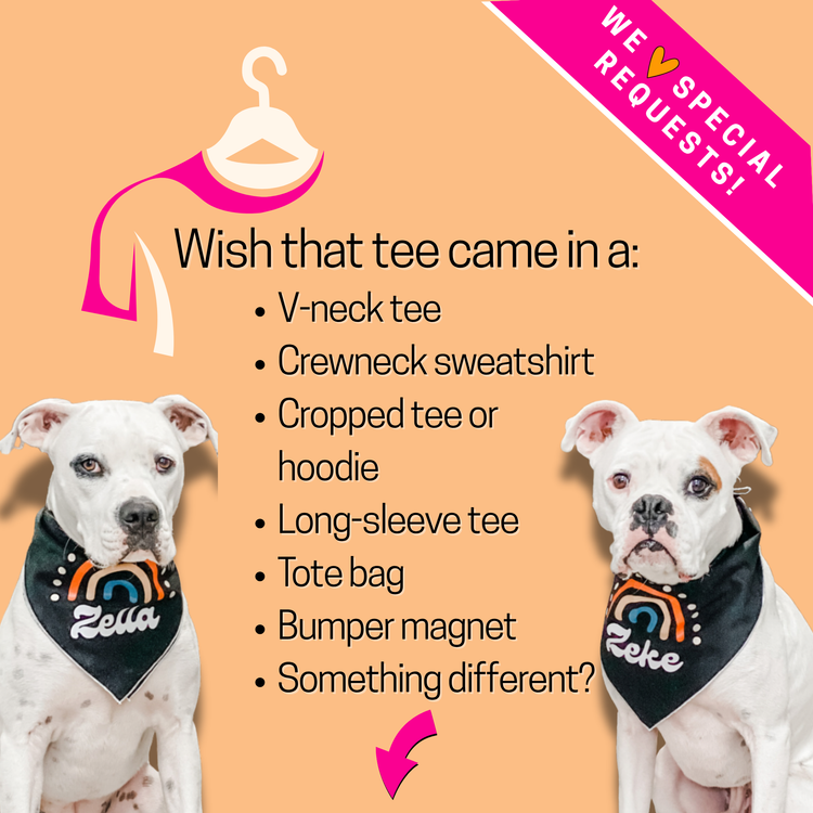 Custom order form to order a specific design on a product other than a T-shirt. Hoodies, Crewneck Sweatshirts, V-Neck and Ribbed Tees, Cropped tees and hoodies, and much more.