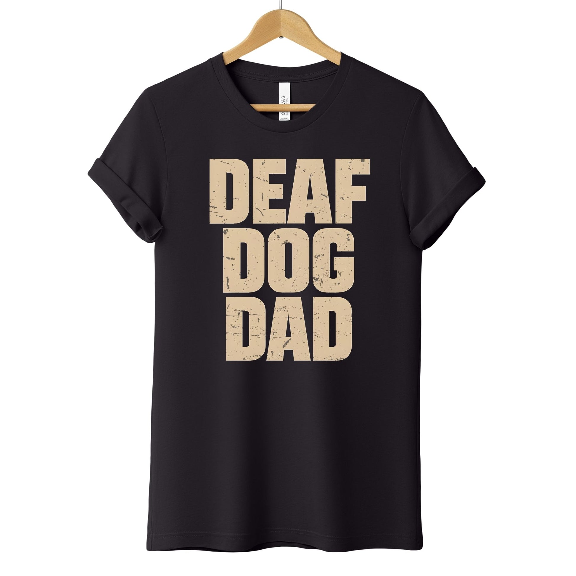 Unisex Zeke Squad T-shirt with the phrase “Deaf Dog Dad” for proud dog parents and advocates.