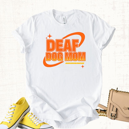 Deaf Dog Mom. Retro 70s vibe Zeke Squad tee with bold vintage fonts and colors