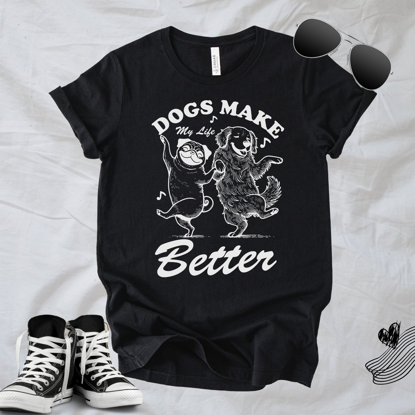 Unisex Zeke Squad T-shirt with the quote “Dogs make my life better” for dog lovers and pet parents.
