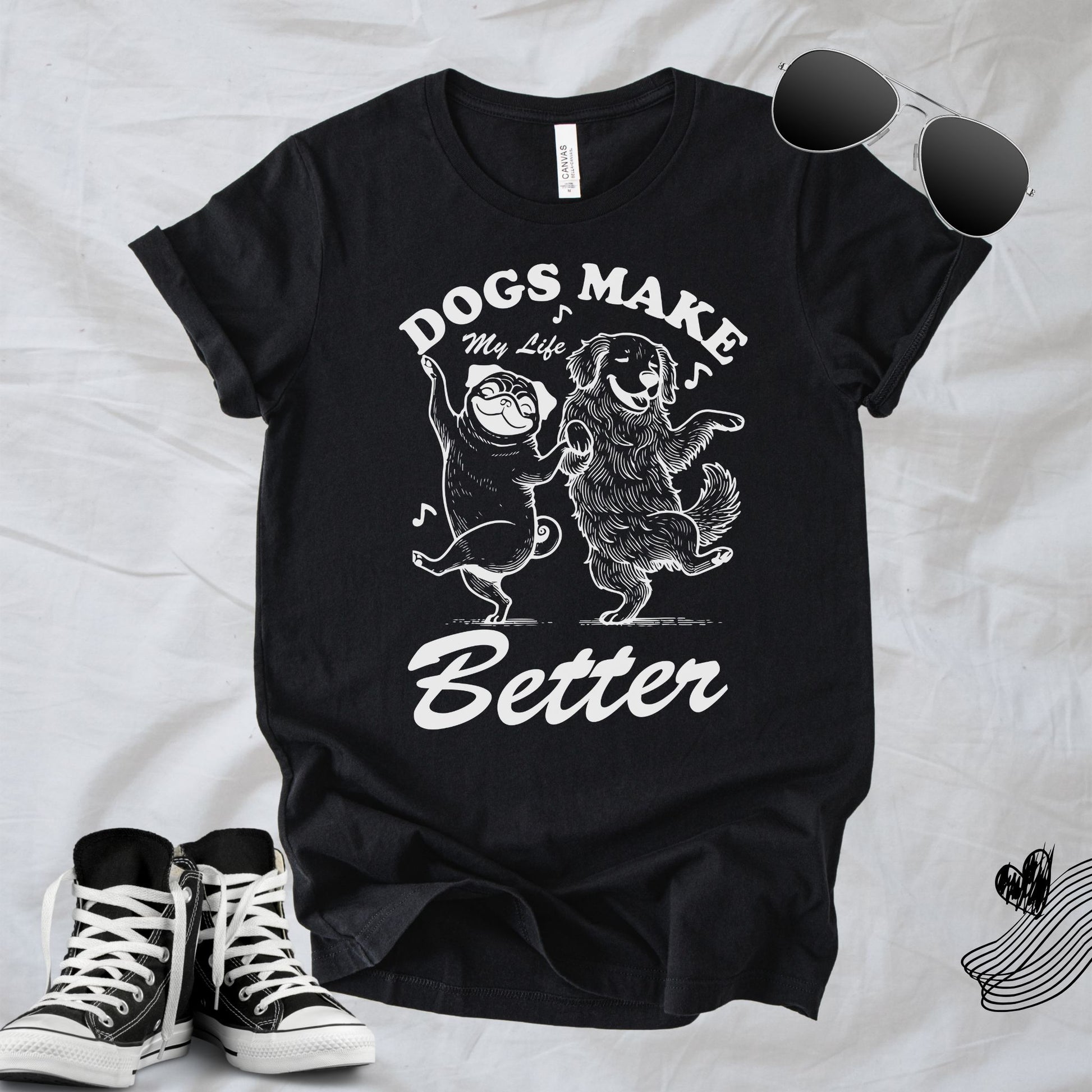 Unisex Zeke Squad T-shirt with the quote “Dogs make my life better” for dog lovers and pet parents.
