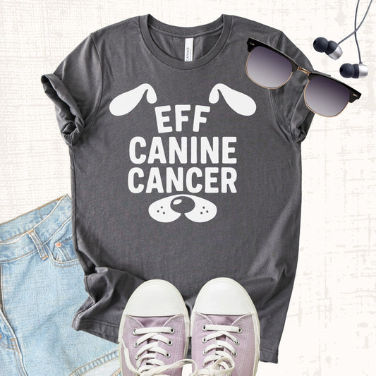 Unisex Zeke Squad T-shirt with the awareness message “Eff Canine Cancer” for dog lovers and advocates.
