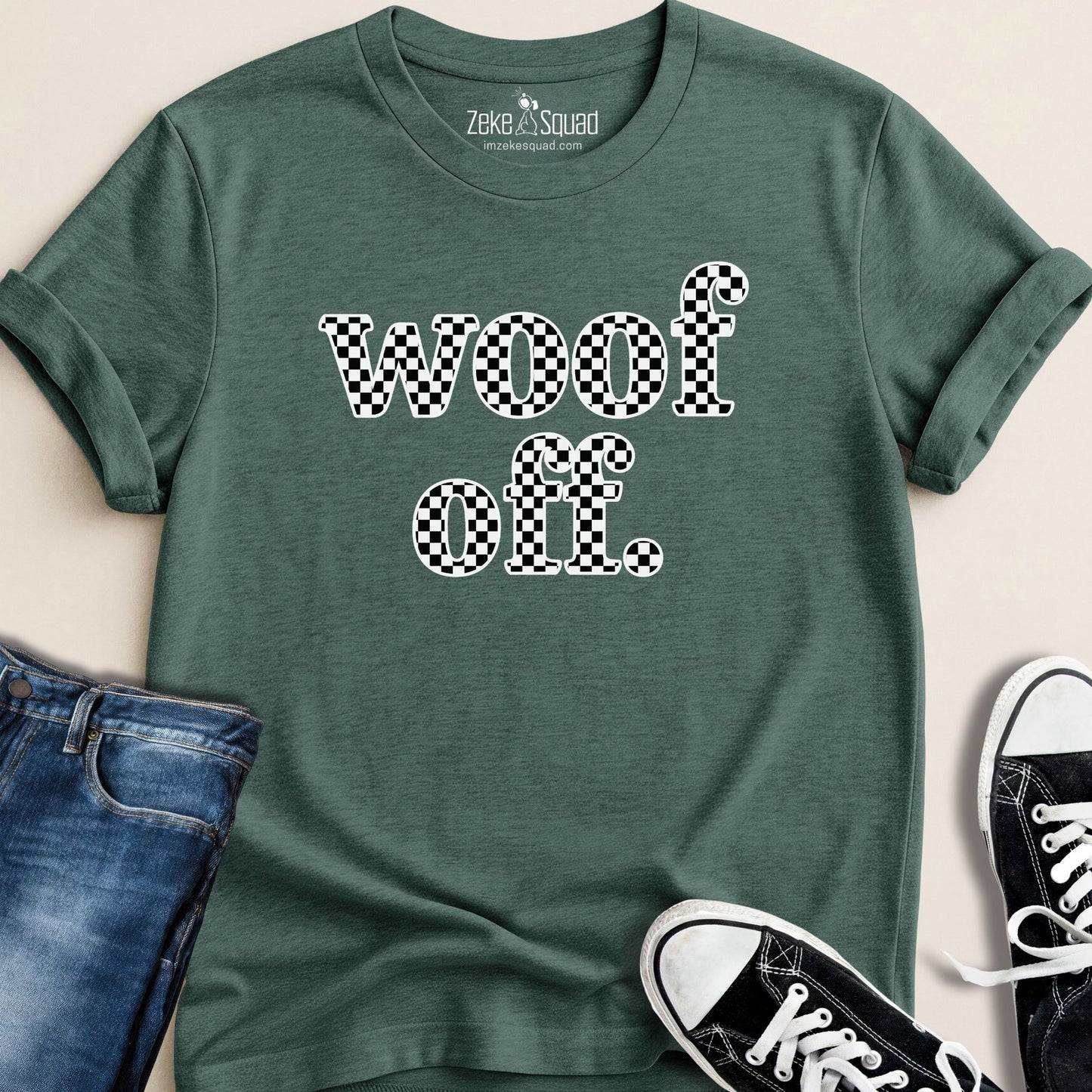 Woof Off. Retro Checkered T-shirt - Zeke Squad