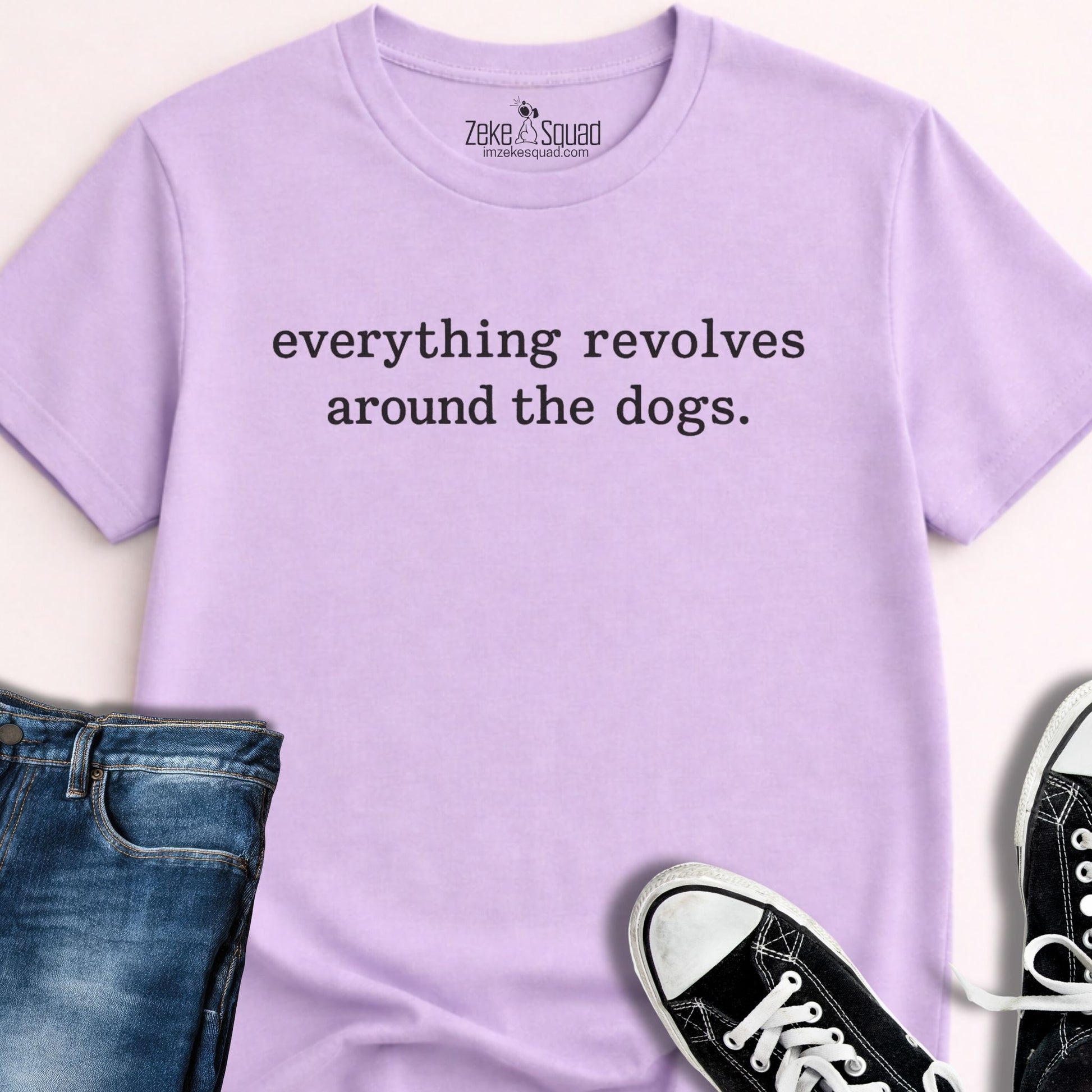 Light lilac unisex graphic tee printed with the phrase everything revolves around the dog across the chest, Bella Canvas 3001