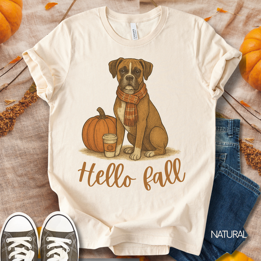 Unisex Zeke Squad fall t-shirt with the phrase “Hello fall” featuring a fawn Boxer sitting with a coffee cup.