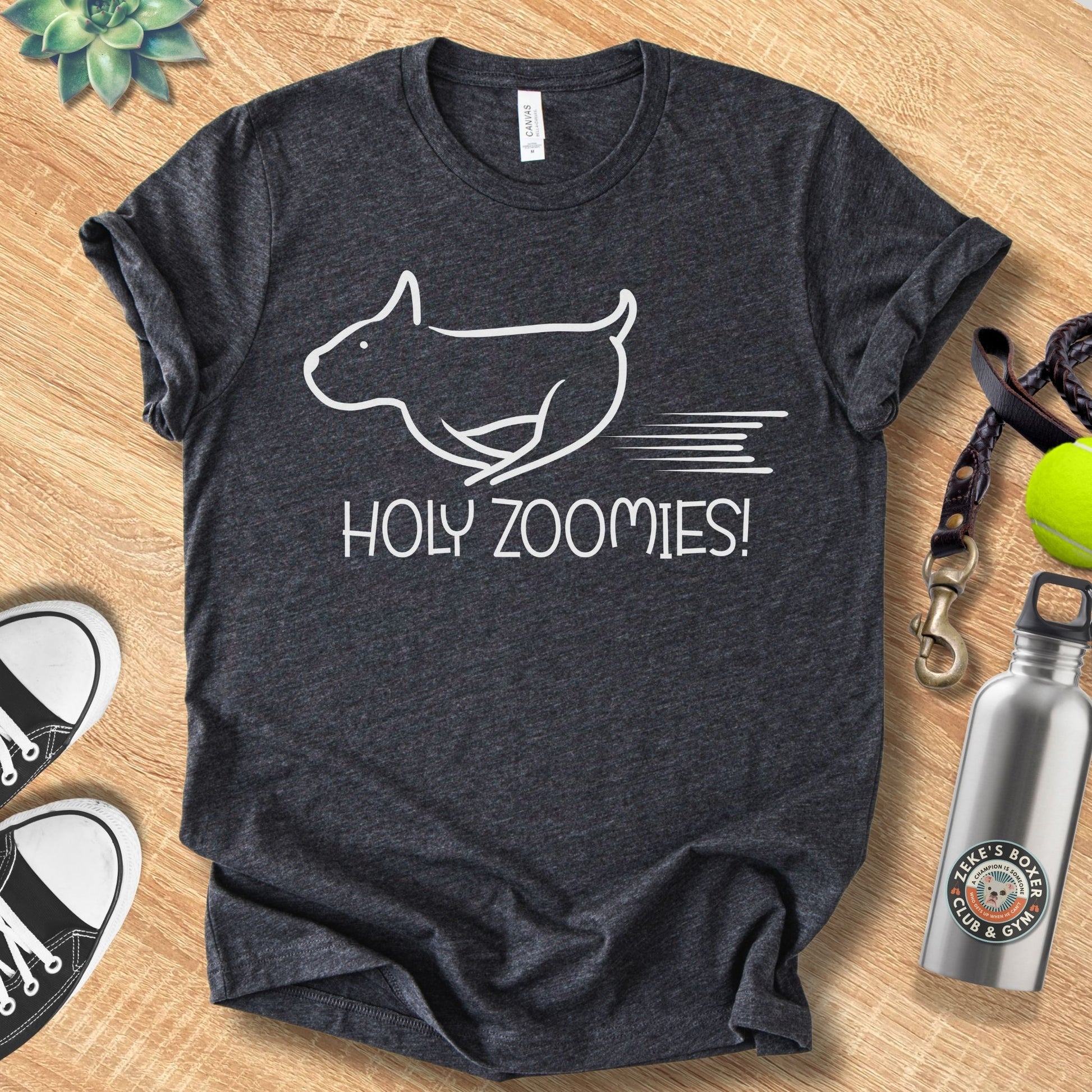 Unisex Zeke Squad t-shirt with the phrase “Holy Zoomies,” a funny dog-lover design celebrating playful chaos.