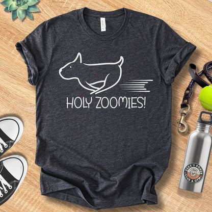 Unisex Zeke Squad t-shirt with the phrase “Holy Zoomies,” a funny dog-lover design celebrating playful chaos.