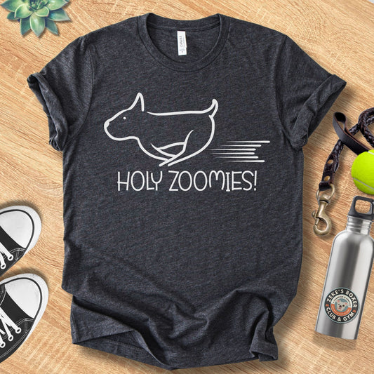 Unisex Zeke Squad t-shirt with the phrase “Holy Zoomies,” a funny dog-lover design celebrating playful chaos.