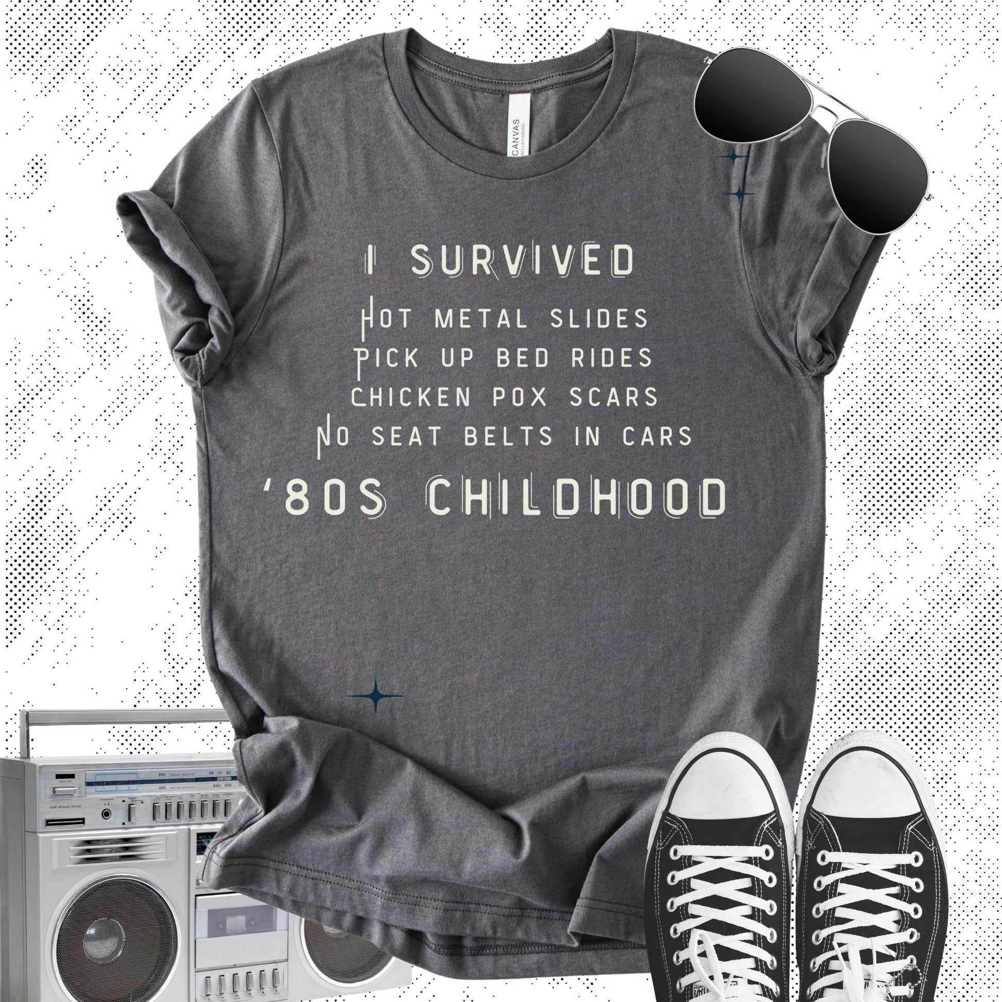 Unisex Zeke Squad T-shirt with the phrase “I Survived 80s Childhood” referencing no seat belts, riding in pickup trucks, and chicken pox scars.