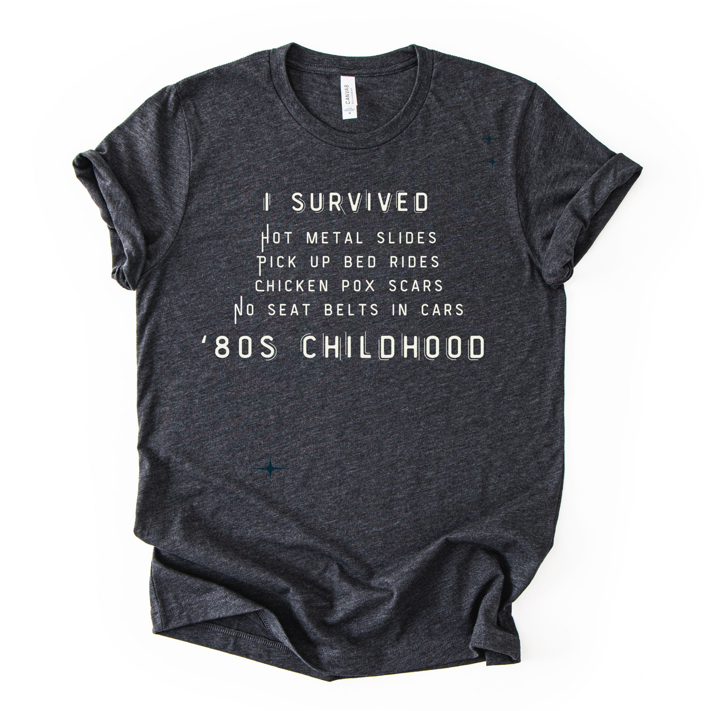 Dark gray t-shirt with white text on a white background that says I survived 80s childhood.