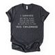 Dark gray t-shirt with white text on a white background that says I survived 80s childhood.