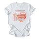 White t-shirt with red graphic and text on a white background that has a pickup truck with children from the 80s riding in the back of the truck and a metal slide.