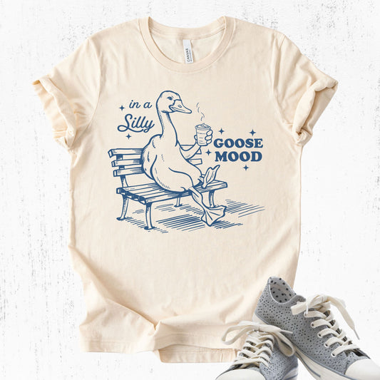 Unisex Zeke Squad T-shirt with the phrase “In a Silly Goose Mood” featuring a playful goose graphic.