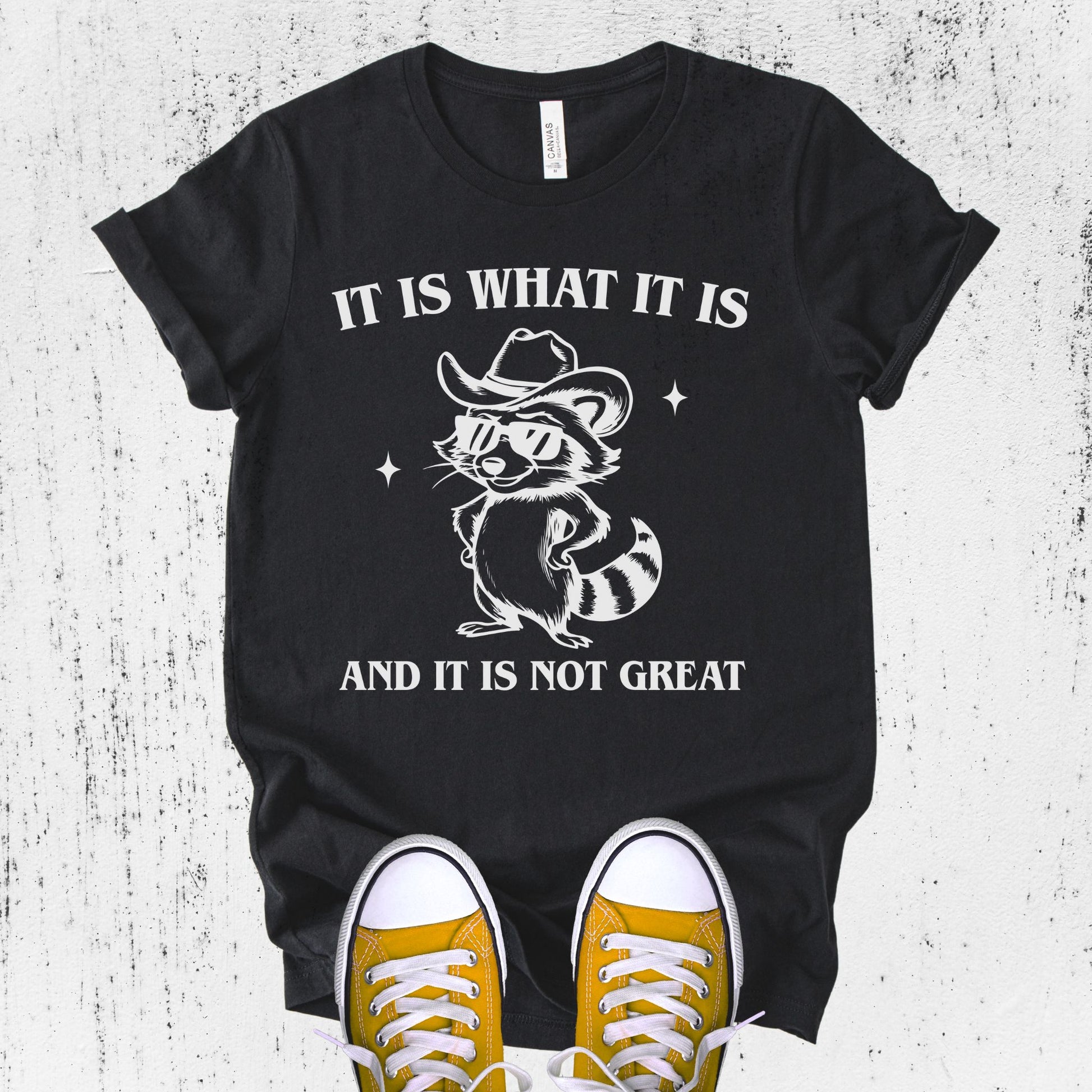 Unisex Zeke Squad T-shirt with the phrase “It Is What It Is and It’s Not Great” featuring a funny raccoon graphic.