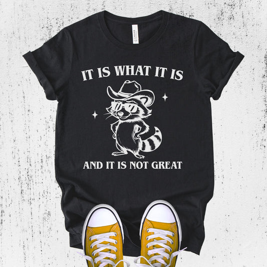 Unisex Zeke Squad T-shirt with the phrase “It Is What It Is and It’s Not Great” featuring a funny raccoon graphic.