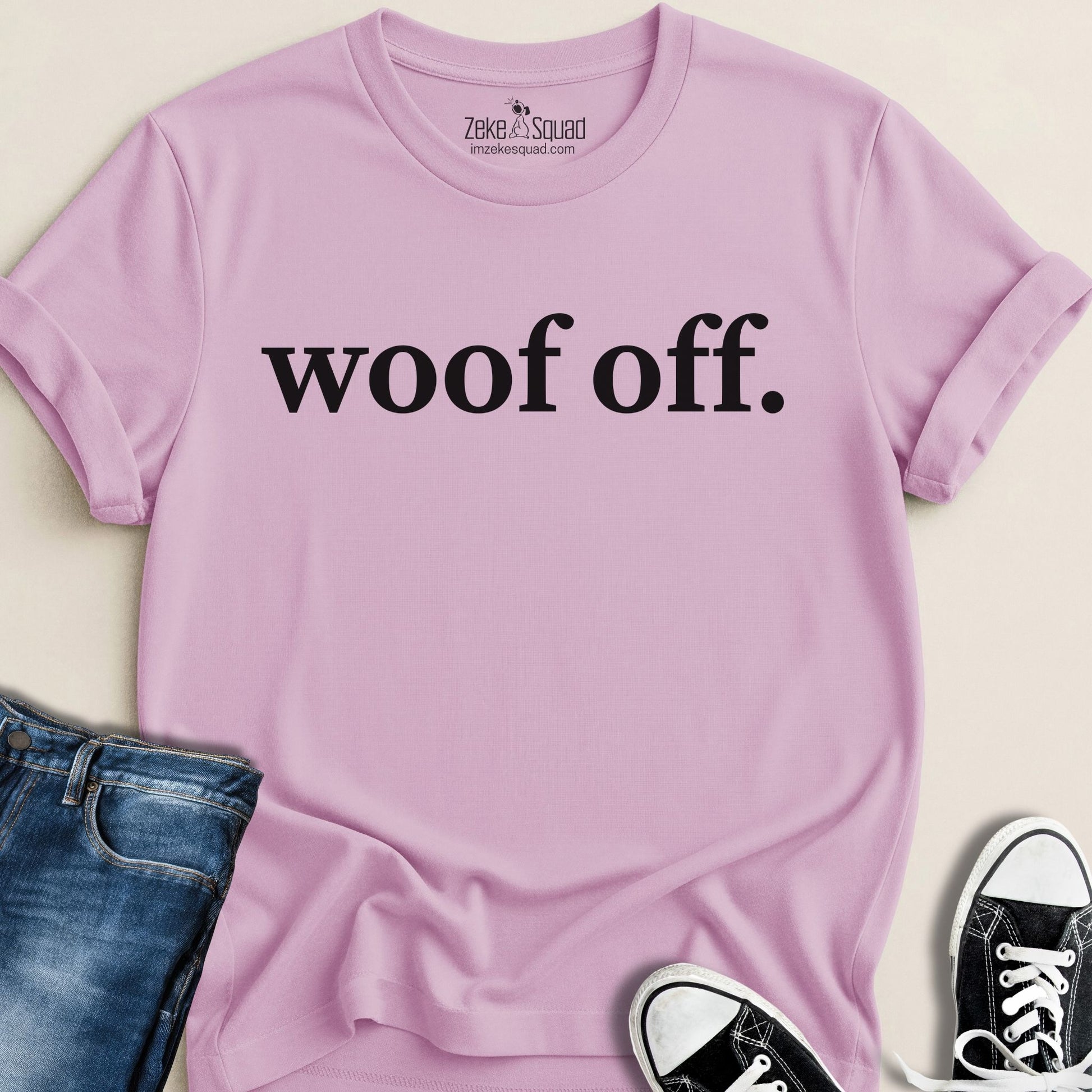 Woof Off tee in lilac for dog people | Zeke Squad