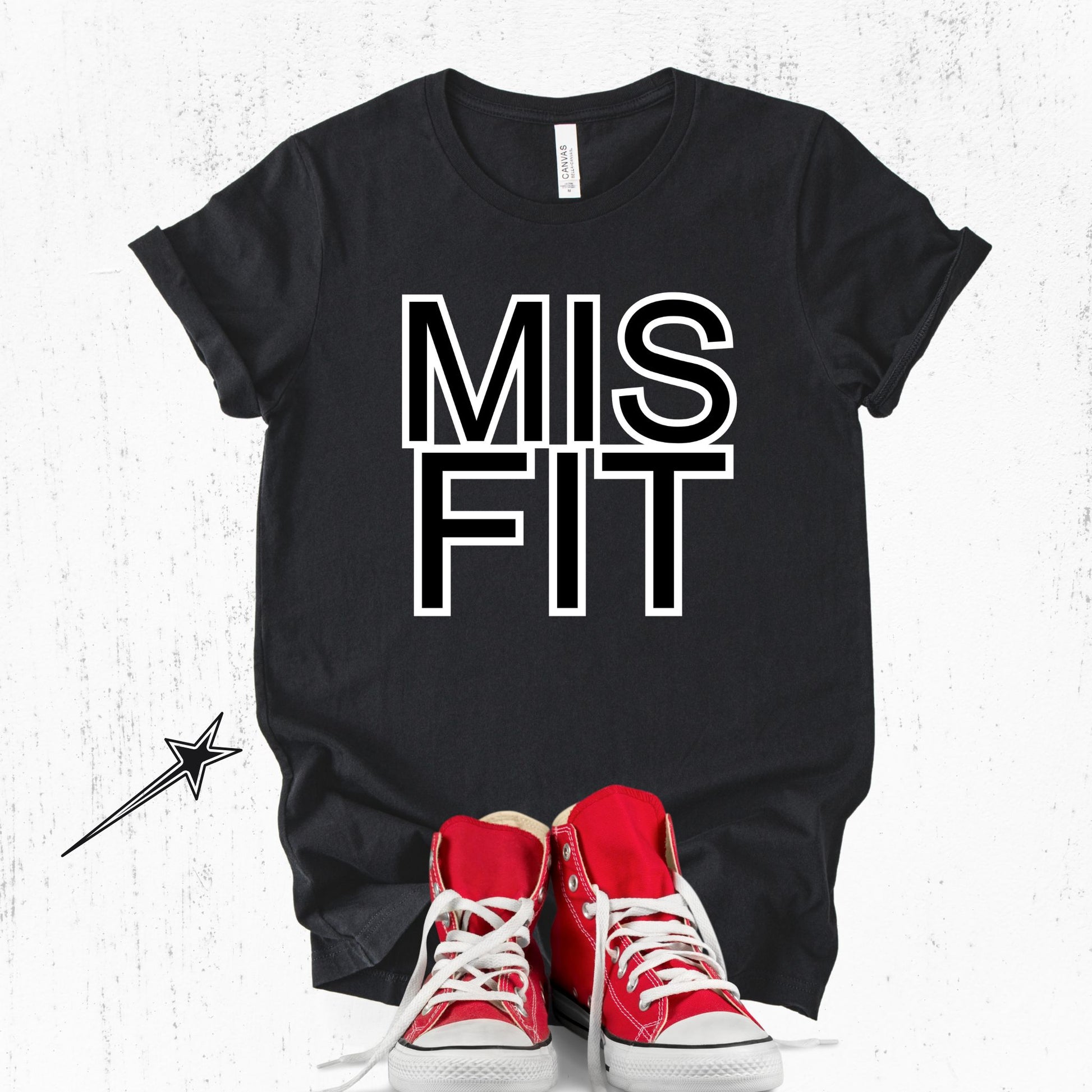 Unisex Zeke Squad T-shirt with the bold one-word statement “Misfit” for neurospicy humans.