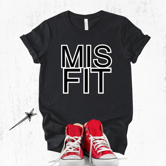 Unisex Zeke Squad T-shirt with the bold one-word statement “Misfit” for neurospicy humans.