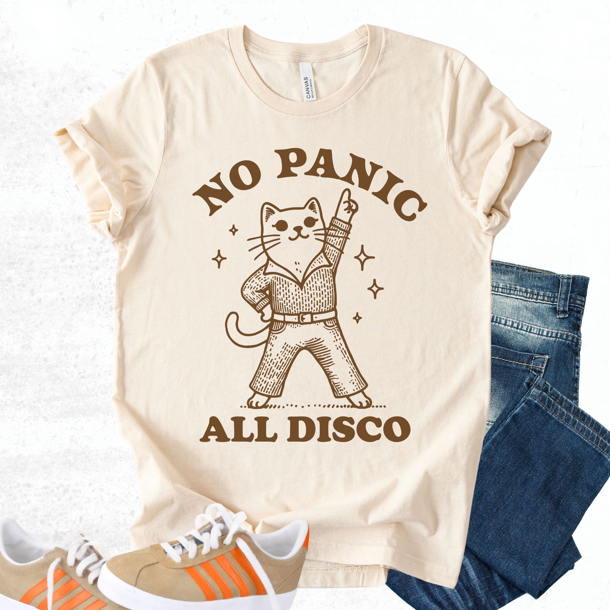 Unisex Zeke Squad T-shirt with the phrase “No Panic All Disco” in bold retro style.