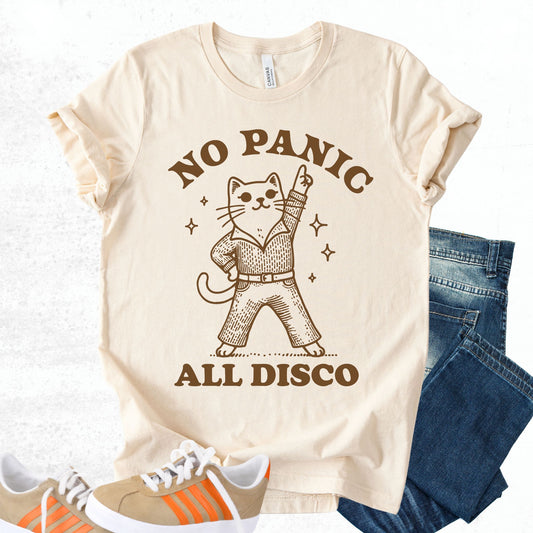 Unisex Zeke Squad T-shirt with the phrase “No Panic All Disco” in bold retro style.