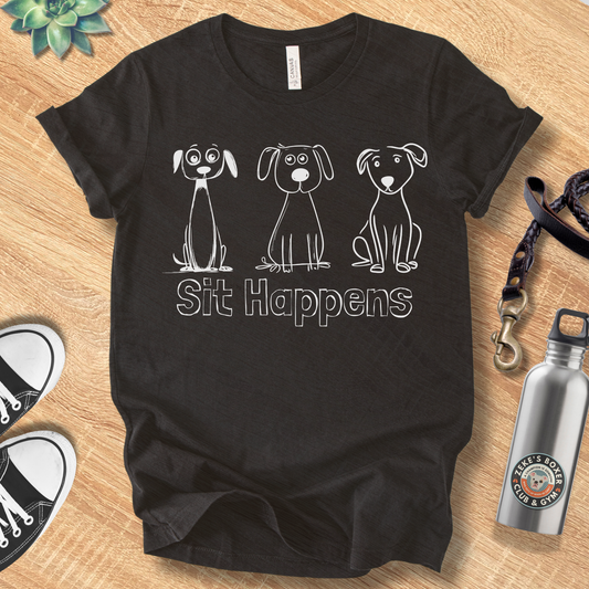 Unisex Zeke Squad T-shirt with the phrase “Sit Happens” featuring three dogs sitting in a row, a funny dog-lover design.