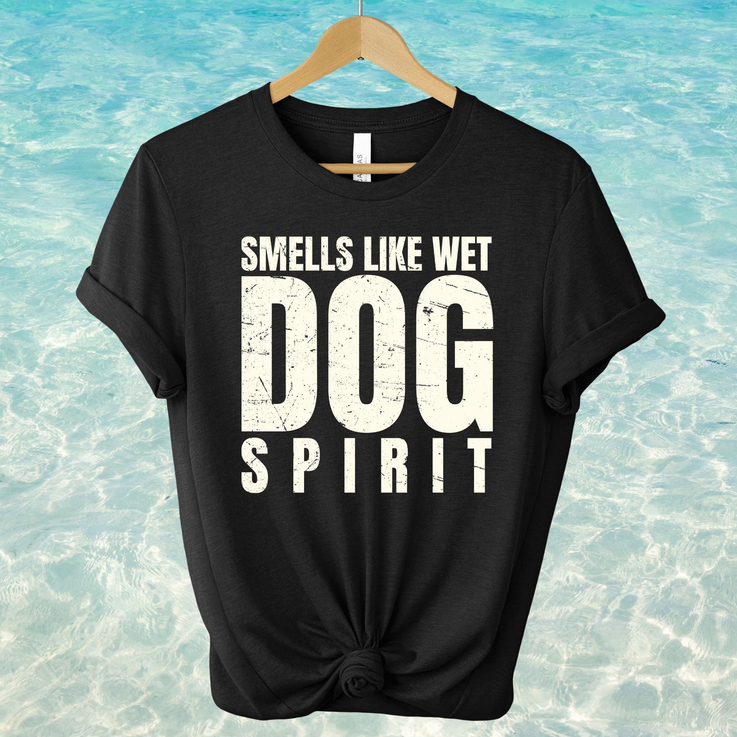 Unisex Zeke Squad T-shirt with the funny grunge-inspired quote “Smells like wet dog spirit” for dog lovers.
