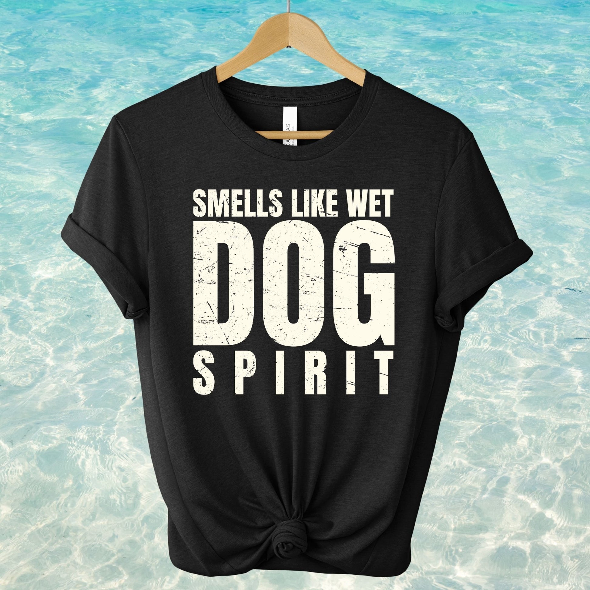 Unisex Zeke Squad T-shirt with the funny grunge-inspired quote “Smells like wet dog spirit” for dog lovers.
