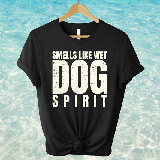 Unisex Zeke Squad T-shirt with the funny grunge-inspired quote “Smells like wet dog spirit” for dog lovers.
