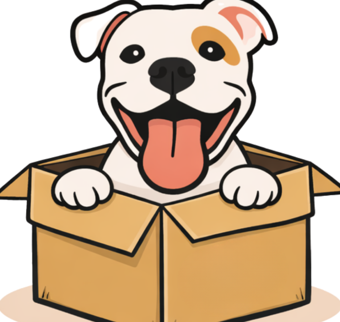 Cartoon dog with a happy expression sticking its head out of a cardboard box on a white background