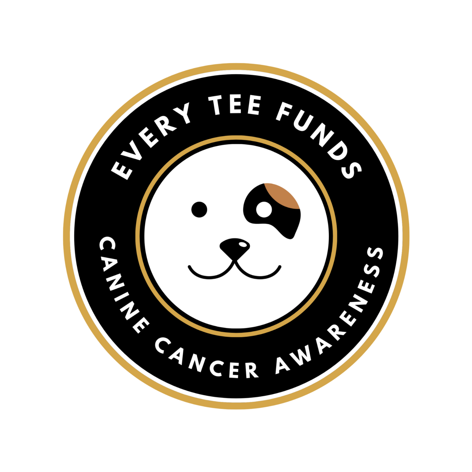 Logo with a dog face and text 'Every Tee Funds Canine Cancer Awareness' on a black background.