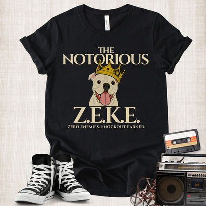 Unisex Zeke Squad T-shirt with the tribute “The Notorious Zeke,” honoring a canine cancer warrior and survivor.
