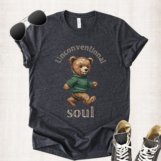 Unisex Zeke Squad T-shirt with the phrase “Unconventional Soul” and a cute bear graphic for misfits and dreamers.