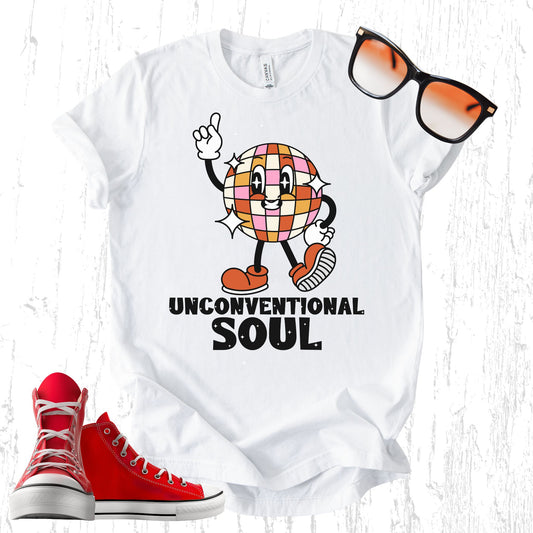 Unisex Zeke Squad T-shirt with the phrase “Unconventional Soul” and a retro disco ball graphic, made for misfits.