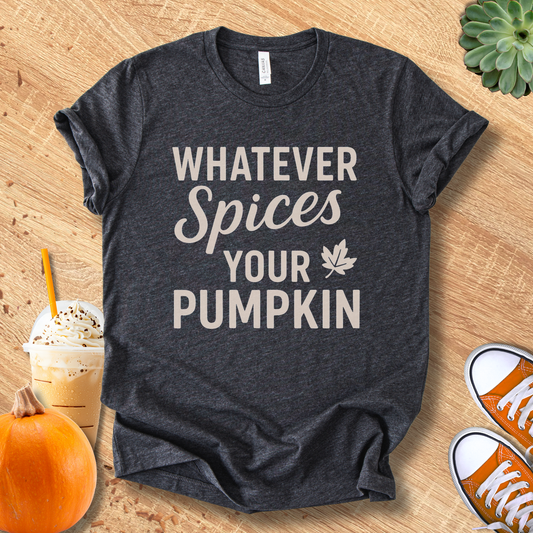 Unisex Zeke Squad fall t-shirt with the phrase “Whatever Spices Your Pumpkin” in retro autumn style.