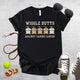 Unisex Zeke Squad T-shirt with the quote “Wiggle Butts Against Canine Cancer” featuring a row of dog booties.
