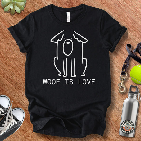 Unisex Zeke Squad t-shirt with the phrase “Woof Is Love,” a heartfelt design celebrating unconditional dog love.