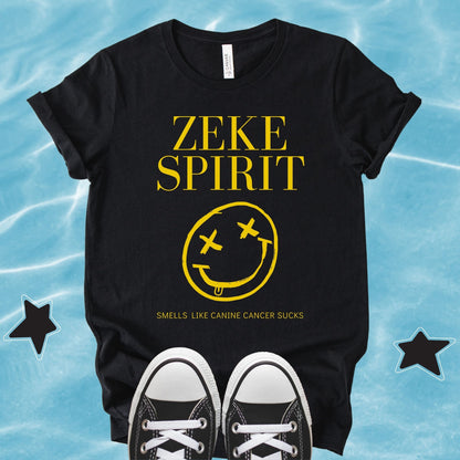Unisex retro-inspired Zeke Squad T-shirt with the quote “Zeke Spirit, Smells Like Canine Cancer Sucks” for dog lovers and awareness.
