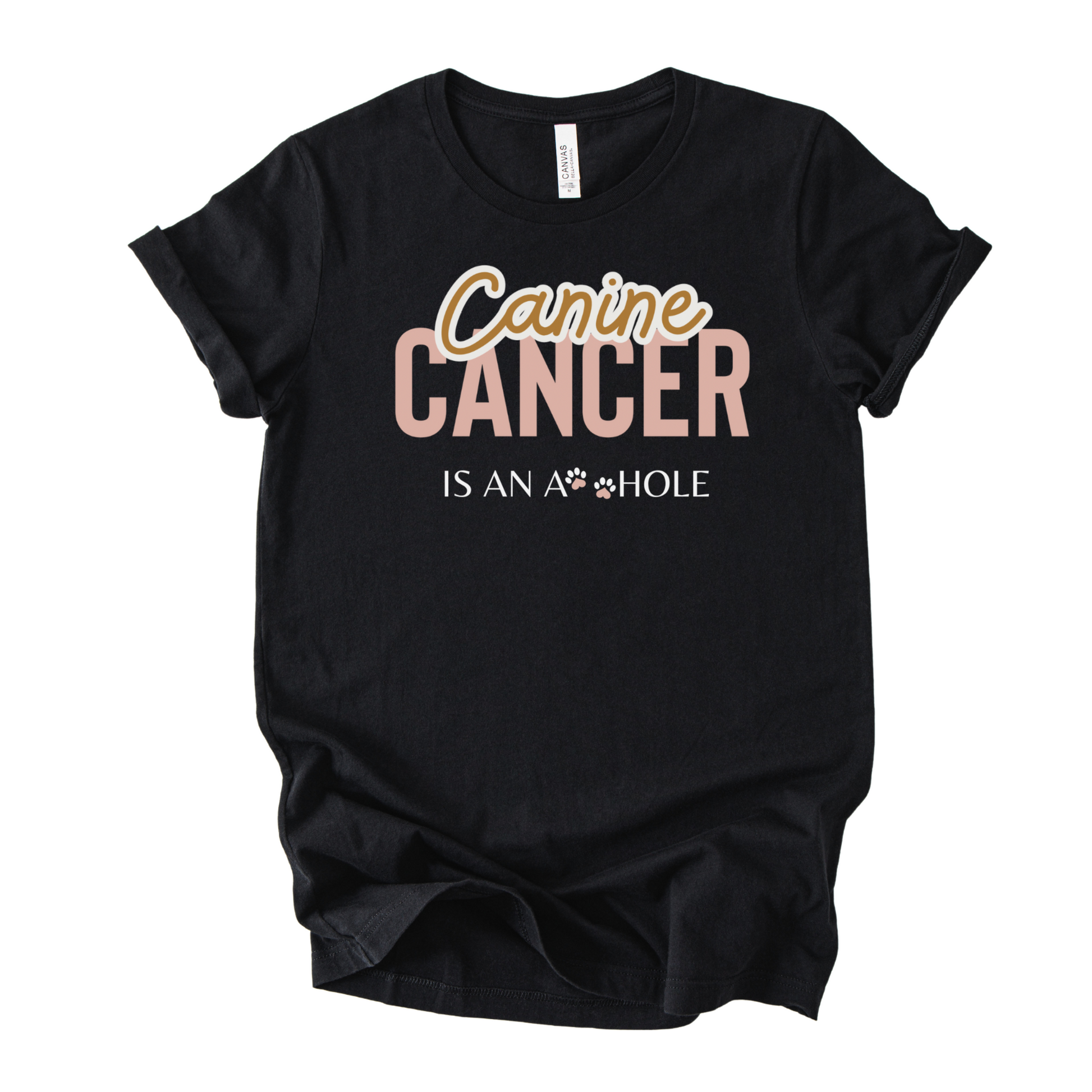 Black t-shirt with 'Canine CANCER IS AN A**HOLE' text on a white background
