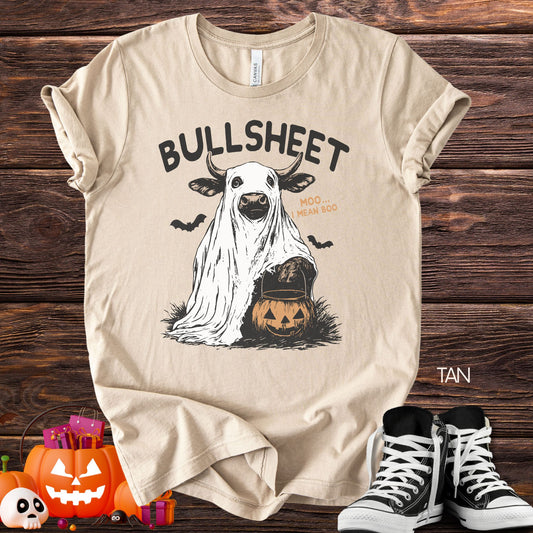 Unisex Zeke Squad Halloween T-shirt with the phrase “Bullsheet” featuring a bull in a ghost sheet holding a trick-or-treat basket.